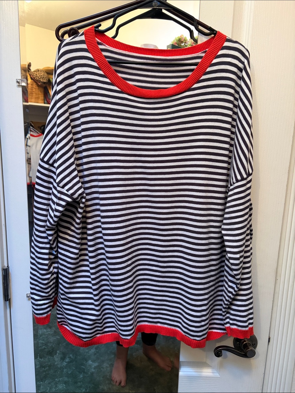 Striped Black & White Sweater with Red Trim